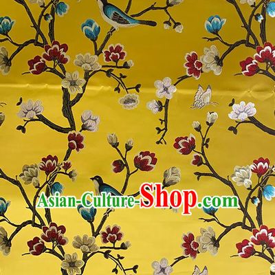 Chinese Traditional Magpie Plum Pattern Yellow Silk Fabric Brocade Drapery Hanfu Dress Damask Material