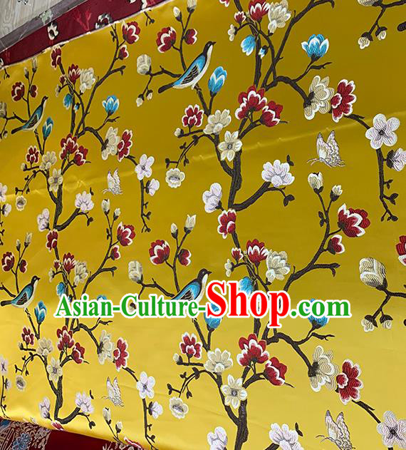Chinese Traditional Magpie Plum Pattern Yellow Silk Fabric Brocade Drapery Hanfu Dress Damask Material Chinese Traditional Magpie Plum Pattern Yellow Silk Fabric Brocade Drapery Hanfu Dress Damask Material