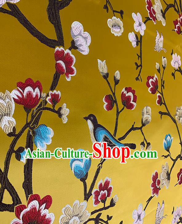 Chinese Traditional Magpie Plum Pattern Yellow Silk Fabric Brocade Drapery Hanfu Dress Damask Material Chinese Traditional Magpie Plum Pattern Yellow Silk Fabric Brocade Drapery Hanfu Dress Damask Material