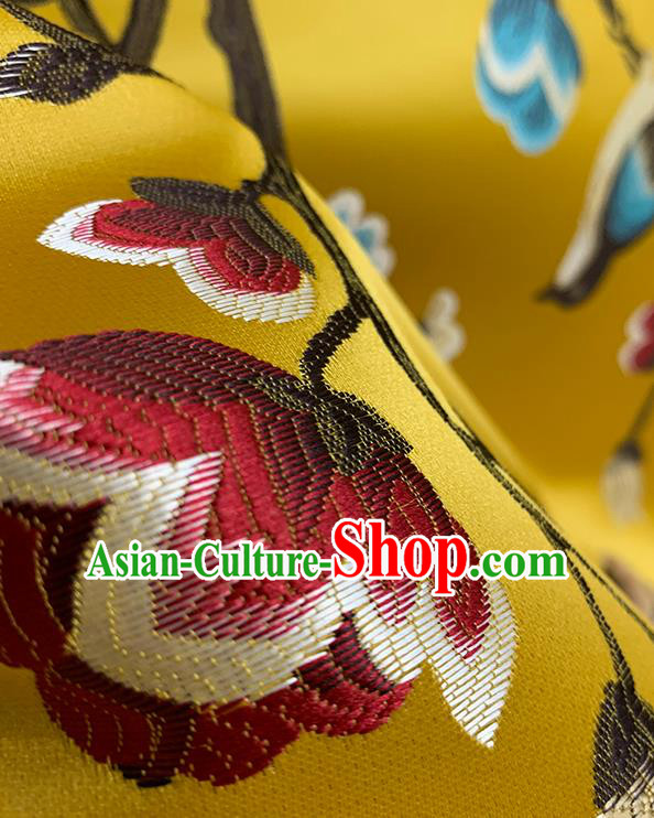 Chinese Traditional Magpie Plum Pattern Yellow Silk Fabric Brocade Drapery Hanfu Dress Damask Material Chinese Traditional Magpie Plum Pattern Yellow Silk Fabric Brocade Drapery Hanfu Dress Damask Material