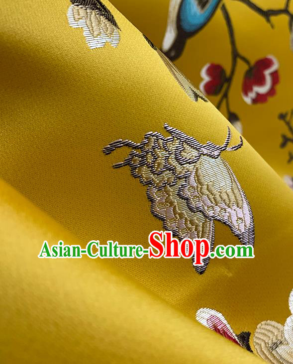 Chinese Traditional Magpie Plum Pattern Yellow Silk Fabric Brocade Drapery Hanfu Dress Damask Material Chinese Traditional Magpie Plum Pattern Yellow Silk Fabric Brocade Drapery Hanfu Dress Damask Material