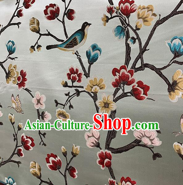 Chinese Traditional Magpie Plum Pattern Grey Silk Fabric Brocade Drapery Hanfu Dress Damask Material Chinese Traditional Magpie Plum Pattern Grey Silk Fabric Brocade Drapery Hanfu Dress Damask Material