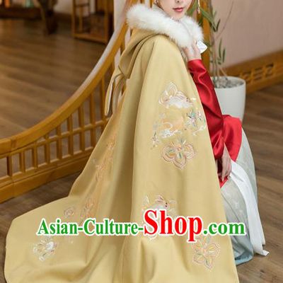 Chinese Traditional Ancient Court Lady Hanfu Apparels Ming Dynasty Historical Costumes Embroidered Yellow Woolen Cloak