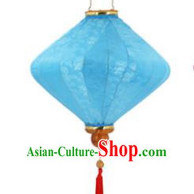 Chinese Traditional Blue Silk Palace Lanterns Handmade Hanging Lantern New Year Classical Diamond Lamp
