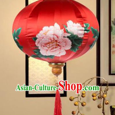 Chinese Traditional Printing Peony Red Palace Lanterns Handmade Ceiling Lantern New Year Classical Festive Lamp