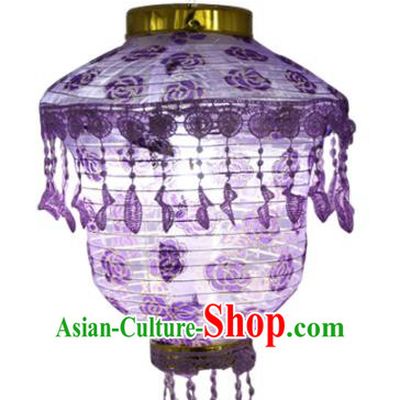 Chinese Traditional Printing Rose Purple Cloth Palace Lanterns Handmade Hanging Lantern Classical Festive New Year Lace Lamp