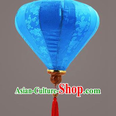 Chinese Traditional Blue Silk Palace Lanterns Handmade Hanging Lantern Classical Festive New Year Diamond Lamp
