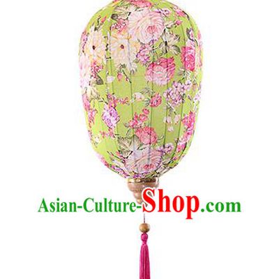 Chinese Traditional Printing Peony Light Green Palace Lanterns Handmade Hanging Lantern Classical Festive New Year Lamp