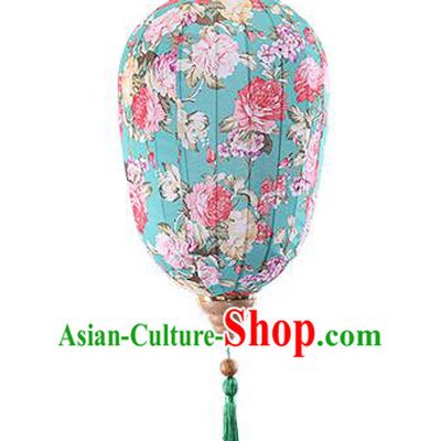 Chinese Traditional Printing Peony Light Blue Palace Lanterns Handmade Hanging Lantern Classical Festive New Year Lamp