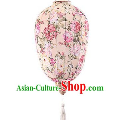Chinese Traditional Printing Peony Beige Palace Lanterns Handmade Hanging Lantern Classical Festive New Year Lamp