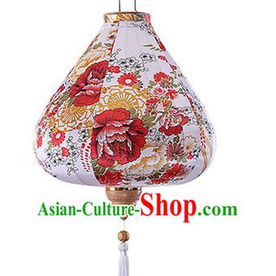 Chinese Traditional Printing Flowers White Palace Lanterns Handmade Hanging Lantern Classical Festive New Year Satin Lamp