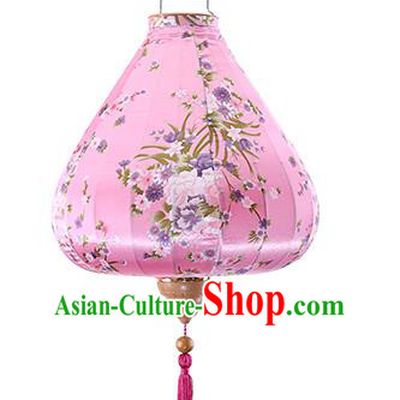 Chinese Traditional Printing Daffodil Pink Palace Lanterns Handmade Hanging Lantern Classical Festive New Year Satin Lamp