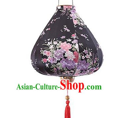 Chinese Traditional Printing Daffodil Black Palace Lanterns Handmade Hanging Lantern Classical Festive New Year Satin Lamp
