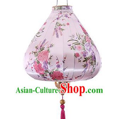 Chinese Traditional Printing Daffodil Beige Palace Lanterns Handmade Hanging Lantern Classical Festive New Year Satin Lamp