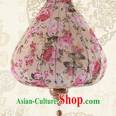 Chinese Traditional Printing Roses Beige Palace Lanterns Handmade Hanging Lantern Classical Festive New Year Satin Lamp