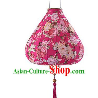 Chinese Traditional Printing Roses Rosy Palace Lanterns Handmade Hanging Lantern Classical Festive New Year Satin Lamp