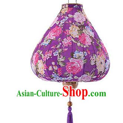 Chinese Traditional Printing Roses Purple Palace Lanterns Handmade Hanging Lantern Classical Festive New Year Satin Lamp
