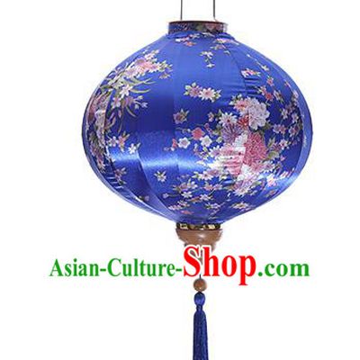 Chinese Handmade Printing Sakura Blue Satin Palace Lanterns Traditional New Year Lantern Classical Mid Autumn Festival Lamp