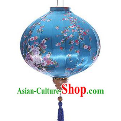 Chinese Handmade Printing Sakura Blue Satin Palace Lanterns Traditional New Year Lantern Classical Mid Autumn Festival Lamp