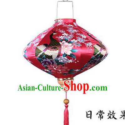 Handmade Chinese Printing Peacock Red Satin Palace Lanterns Traditional New Year Lantern Classical Festival Silk Lamp