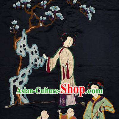 Traditional Chinese Embroidered Decorative Painting Hand Embroidery Female Children Black Silk Picture