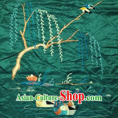 Traditional Chinese Embroidered Mandarin Duck Fabric Hand Embroidering Dress Applique Embroidery Deep Green Silk Patches Accessories