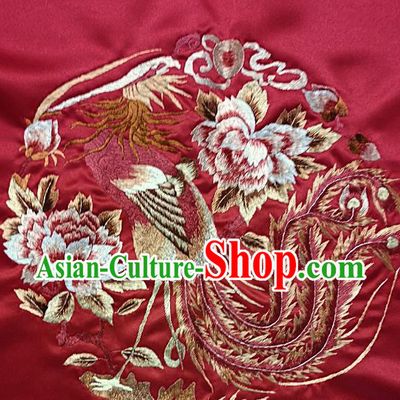 Traditional Chinese Embroidered Peony Phoenix Fabric Hand Embroidering Dress Round Applique Embroidery Wine Red Silk Patches Accessories