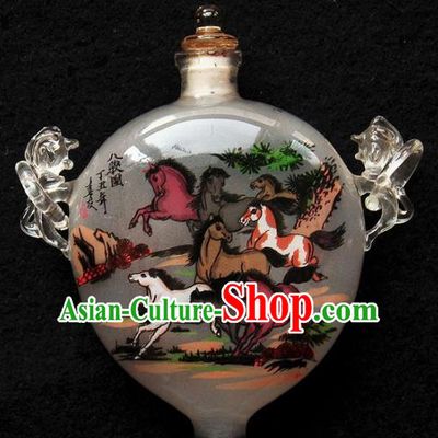 Chinese Handmade Snuff Bottle with Handles Traditional Inside Painting Horses Snuff Bottles Artware