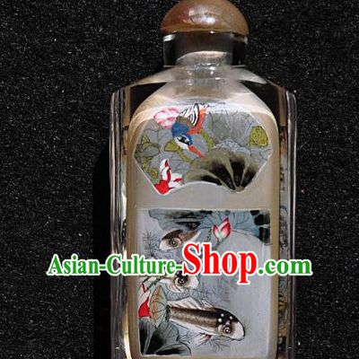 Chinese Handmade Snuff Bottle Traditional Inside Painting Lotus Fishes Snuff Bottles Artware