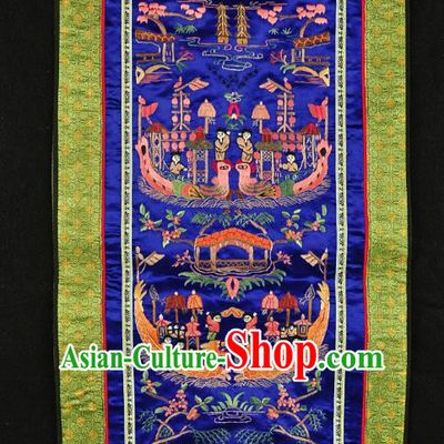 Traditional Chinese Embroidered Dragon Boat Race Decorative Painting Hand Embroidery Royalblue Silk Picture Craft