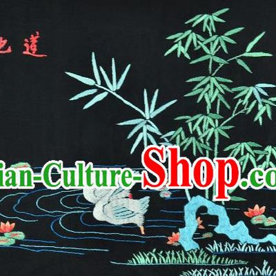 Traditional Chinese Embroidered Duke Lotus Bamboo Decorative Painting Hand Embroidery Black Picture Craft