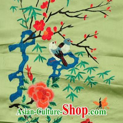 Traditional Chinese Embroidered Plum Peony Birds Decorative Painting Hand Embroidery Green Silk Picture Craft