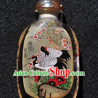 Chinese Handmade Glass Snuff Bottle Traditional Inside Painting Crane Plum Snuff Bottles Artware