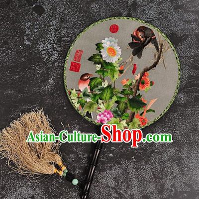Chinese Traditional Embroidered Palace Fans Craft Handmade Embroidery Chrysanthemum Birds Round Fan Silk Fan