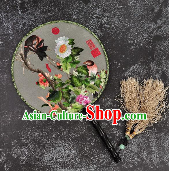 Chinese Traditional Embroidered Palace Fans Craft Handmade Embroidery Chrysanthemum Birds Round Fan Silk Fan Chinese Traditional Embroidered Palace Fans Craft Handmade Embroidery Chrysanthemum Birds Round Fan Silk Fan