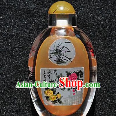 Chinese Handmade Glass Yellow Snuff Bottle Craft Traditional Inside Painting Orchid Chrysanthemum Snuff Bottles Artware