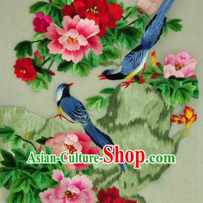 Traditional Chinese Embroidered Peony Birds Decorative Painting Hand Embroidery Silk Wall Picture Craft
