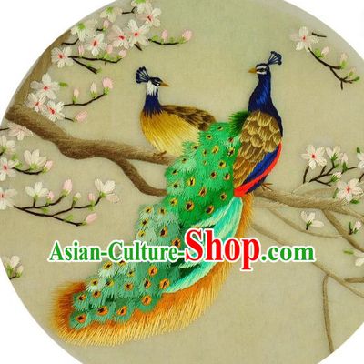 Traditional Chinese Embroidered Peacock Magnolia Decorative Painting Hand Embroidery Silk Round Wall Picture Craft
