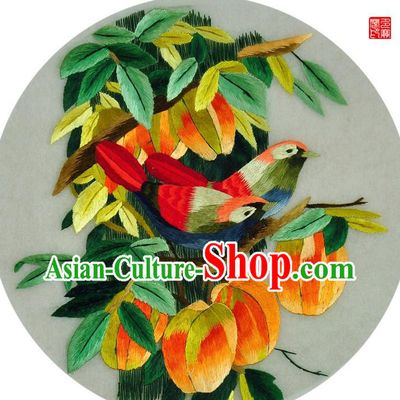 Traditional Chinese Embroidered Persimmon Bird Decorative Painting Hand Embroidery Silk Round Wall Picture Craft