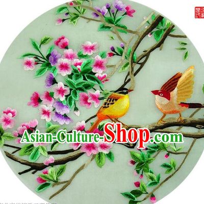 Traditional Chinese Embroidered Birds Decorative Painting Hand Embroidery Flowers Silk Round Wall Picture Craft