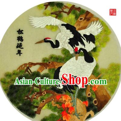 Traditional Chinese Embroidered Crane Pine Decorative Painting Hand Embroidery Silk Round Wall Picture Craft
