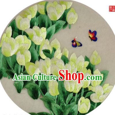 Traditional Chinese Embroidered Tulip Decorative Painting Hand Embroidery Butterfly Silk Round Wall Picture Craft