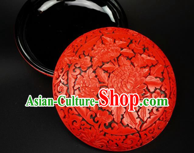 Traditional Chinese Carving Peony Flowers Lacquerware Hand Red Rouge Box Craft Traditional Chinese Carving Peony Flowers Lacquerware Hand Red Rouge Box Craft