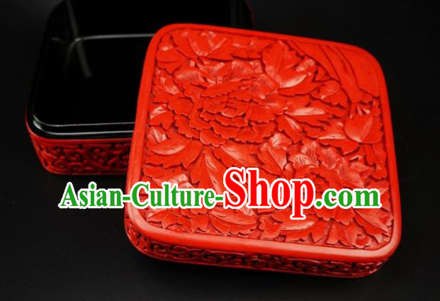 Traditional Chinese Carving Peony Flowers Lacquerware Hand Red Square Rouge Box Craft Traditional Chinese Carving Peony Flowers Lacquerware Hand Red Square Rouge Box Craft