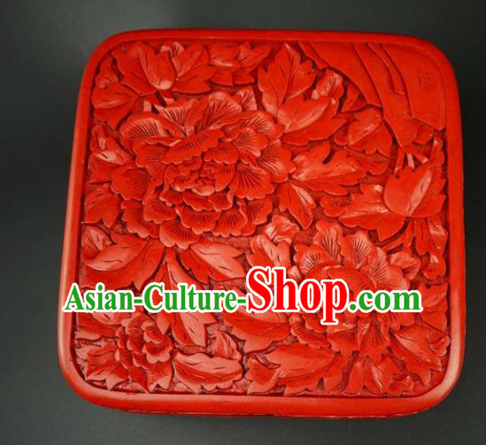 Traditional Chinese Carving Peony Flowers Lacquerware Hand Red Square Rouge Box Craft Traditional Chinese Carving Peony Flowers Lacquerware Hand Red Square Rouge Box Craft