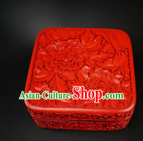 Traditional Chinese Carving Peony Flowers Lacquerware Hand Red Square Rouge Box Craft Traditional Chinese Carving Peony Flowers Lacquerware Hand Red Square Rouge Box Craft