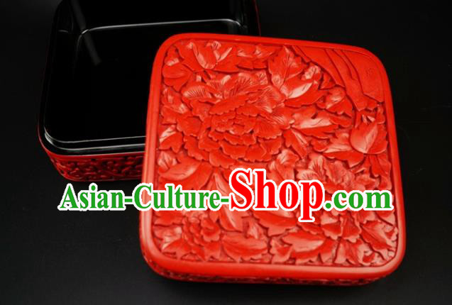 Traditional Chinese Carving Peony Flowers Lacquerware Hand Red Square Rouge Box Craft Traditional Chinese Carving Peony Flowers Lacquerware Hand Red Square Rouge Box Craft