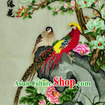 Traditional Chinese Embroidered Peony Decorative Painting Hand Embroidery Magnolia Birds Silk Wall Picture Craft