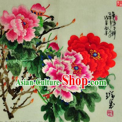 Traditional Chinese Embroidered Peony Flowers Decorative Painting Hand Embroidery Silk Wall Picture Craft