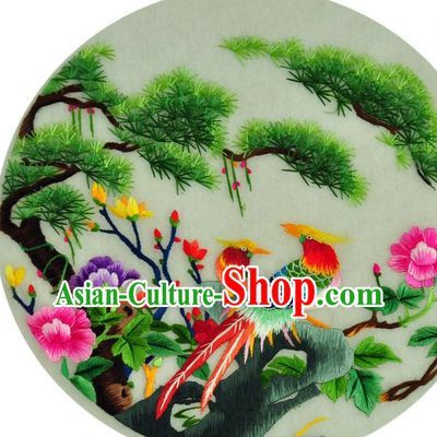Traditional Chinese Embroidered Pine Decorative Painting Hand Embroidery Peony Birds Silk Wall Picture Craft